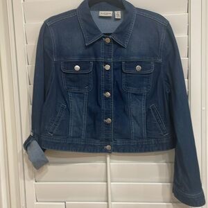 Chico’s Platinum Size 2, which is the same as 12/14 Blue Denim Cropped Jacket.